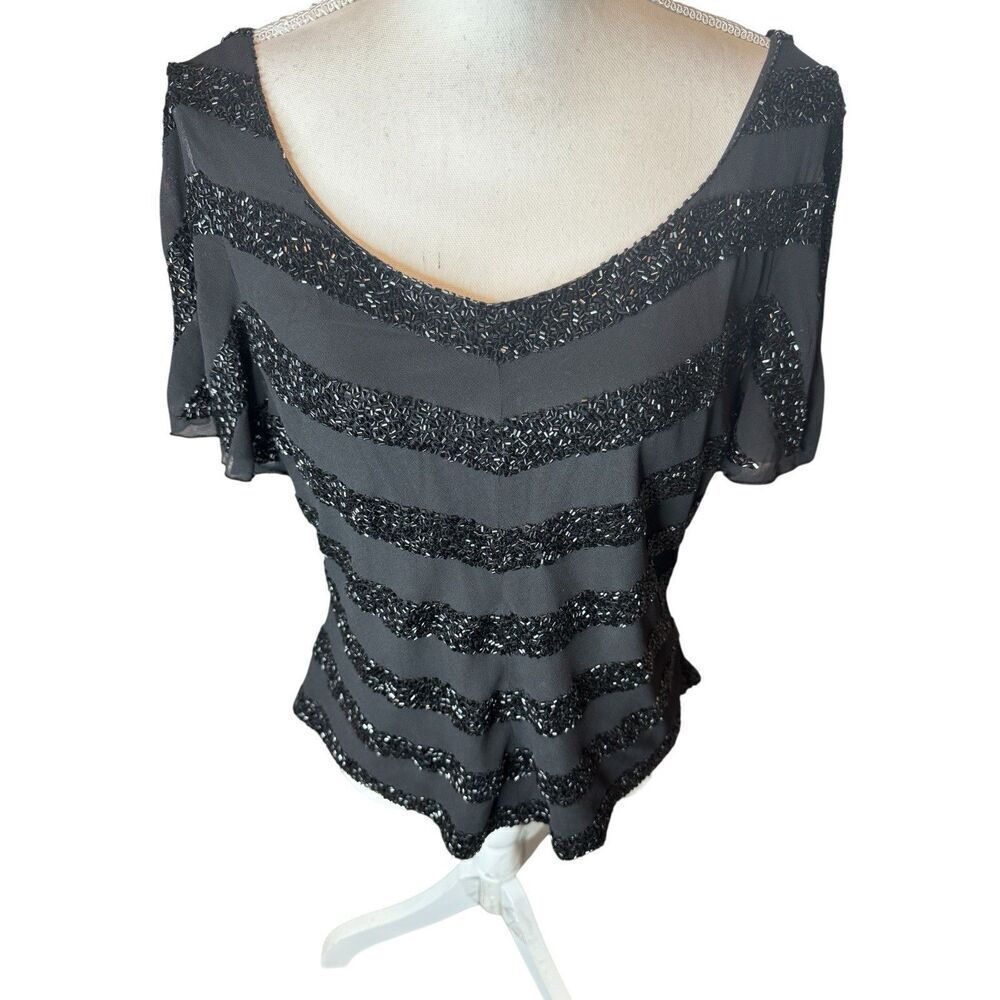 JKara Vintage Black Beaded Short Sleeve Top Y2K Goth Elegant Sz Med